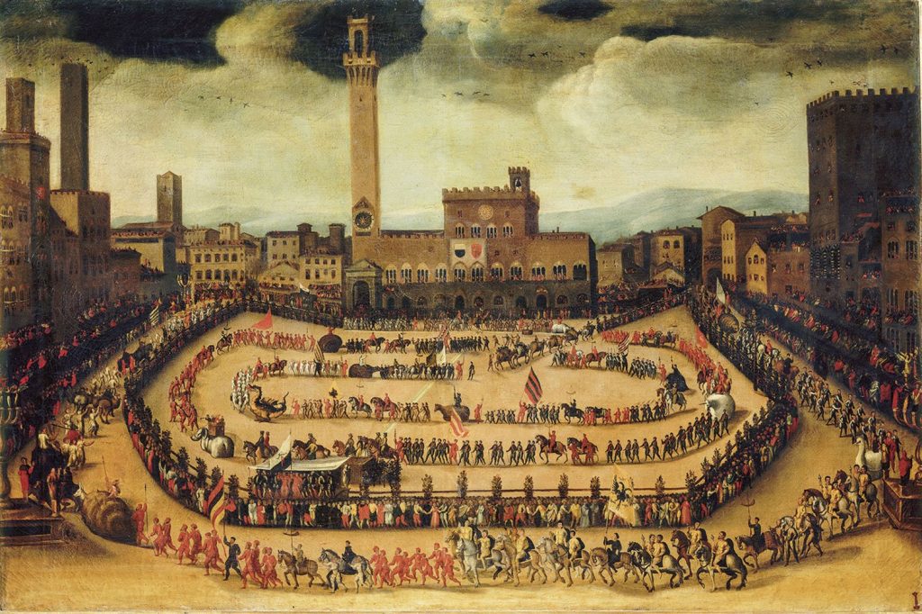La processione delle contrade in piazza del Campo a Siena. Vincenzo Rustici, collezione privata. Foto: Dea / Scala, Firenze
