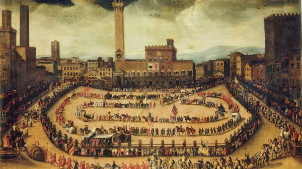 La processione delle contrade in piazza del Campo a Siena. Vincenzo Rustici, collezione privata. Foto: Dea / Scala, Firenze