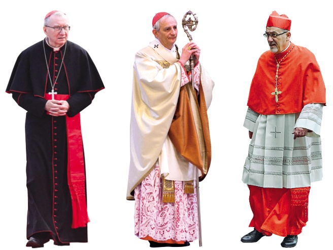 Da sinistra: Pietro Parolin, Segretario di Stato vaticano, Matteo Zuppi, arcivescovo di Bologna e presidente della Cei, e Pierbattista Piazzaballa, patriarca di Gerusalemme dei Latini